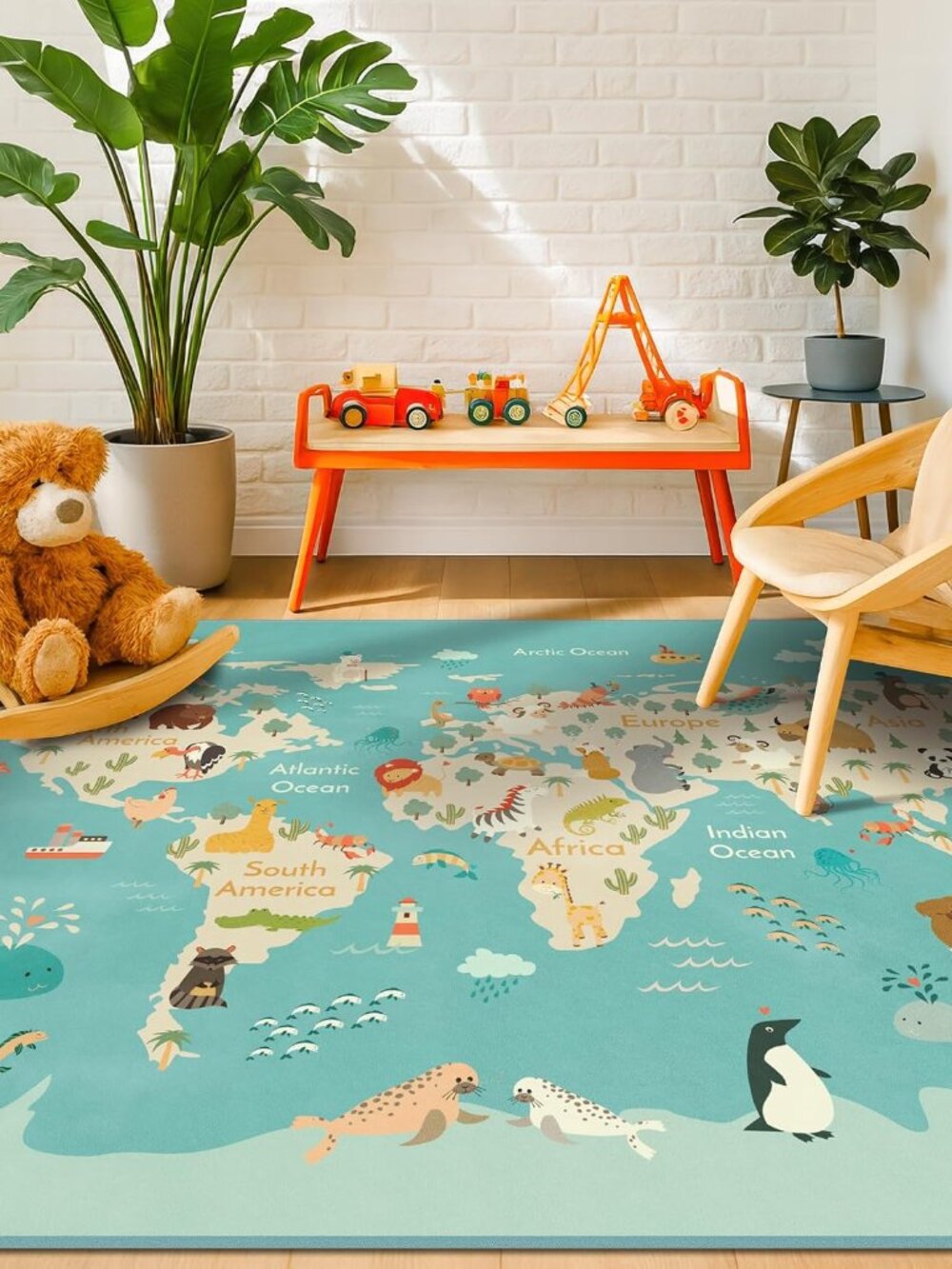 Washable Large Kids Playroom Rug with Animal – 5x8 Educational World Map Area Ru